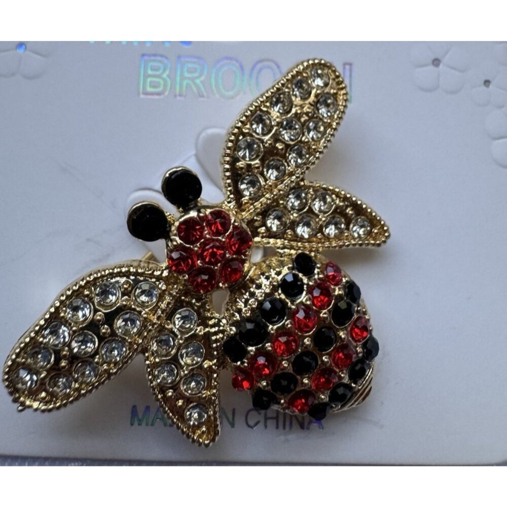 Mint Bumble Bee Rhinestone Red Goldtone Butterfly Brooch 1.25" NEW